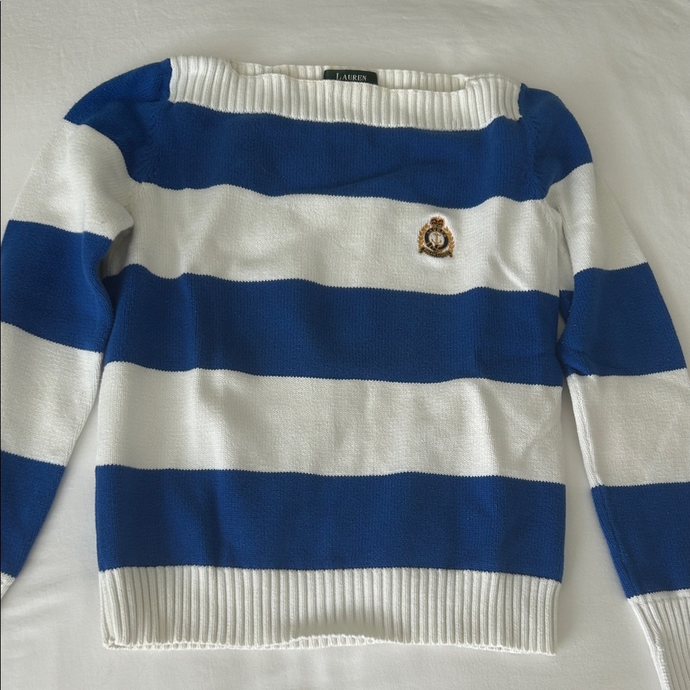 Ralph Lauren Blue and White Striped Boat Neck Sweater PS cotton